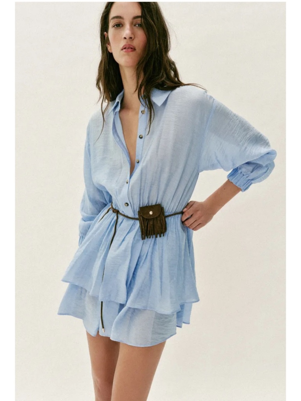 Pale Blue Tiered Button-Front Mini Dress